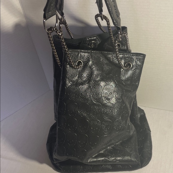 SKULLS- Faux Leather Embossed Skull Black Textured Bucket Bag with Chain Handles - Picture 3 of 16